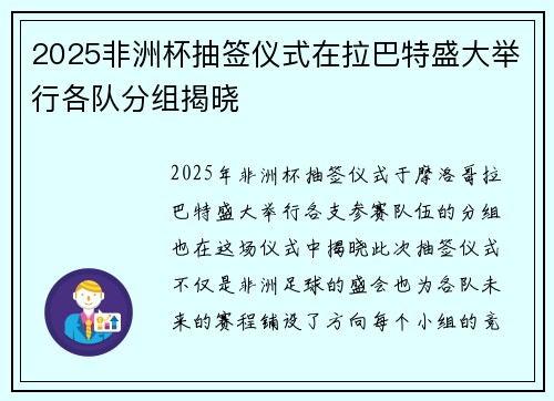 2025非洲杯抽签仪式在拉巴特盛大举行各队分组揭晓